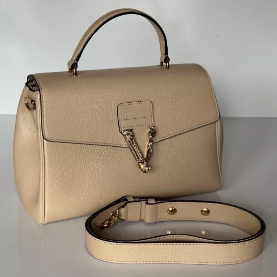 Versace Top Handle Grainy Calf Leather Beige Shoulder Bag 1013351 IT NWT $1775