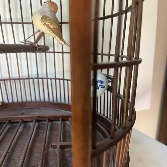 Vintage Chinese Bamboo Song Bird BirdS Cage Porcelain Feed Bowls