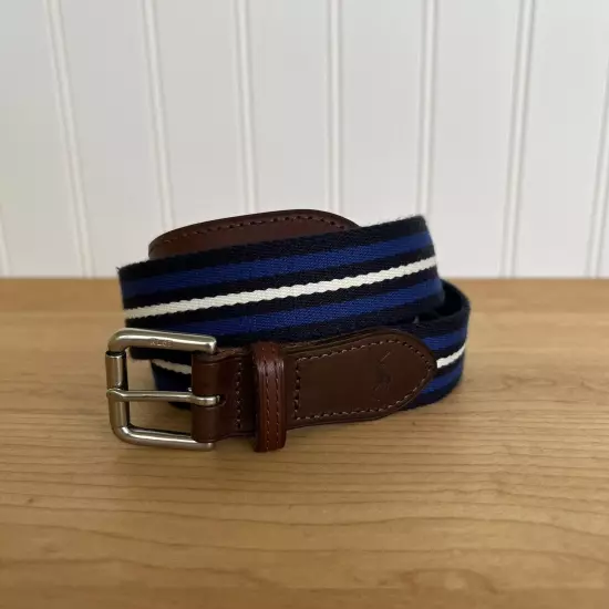 Ralph Lauren Polo Belt Blue Striped Cotton Canvas Leather Trim Buckle Size 34 35