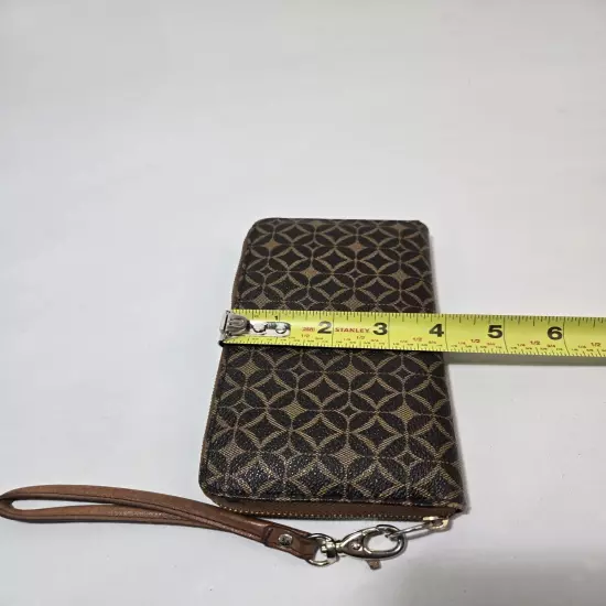 Fossil Clutch Wallet Zip Around Brown Leather Geometric Pattern