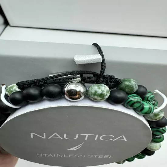 740-PATT Nautica NEW Men’s Black, Silver ,Green, White Beaded Stretch Bracelets