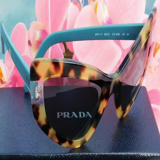 $352 Prada Catwalk Havana Sunglasses Brown + Blue 55-21-140 Made Italy NIB NWT