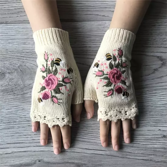 Women Handmade Embroidery Gloves Knit Gloves Flower Gloves Hand Knit Fingerless