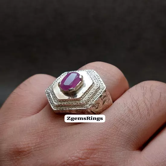 Mens Untreated Ruby Ring Sterling Silver 925 Yaqoot Engraved Ring Natural Ruby