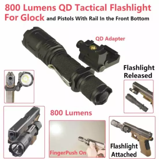 800 Lumens Tactical Flashlight Full Size W/ Q/D Rail Mount Adapter For Pistol 