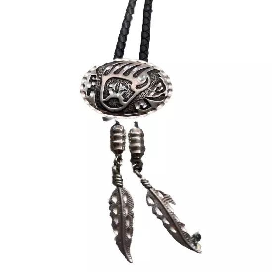 Navajo Sterling Silver Etched Bear Paw Bolo Tie