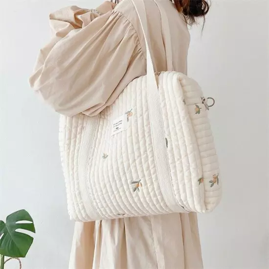 Flower Embroidery Pattern Baby Beige Cotton Fabric Zipper Diaper Handbag Bag