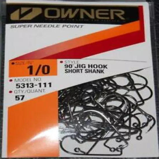 OWNER 90° X Strong Short Shank Jig Hooks 5313-111 Size 1/0 - 57 pack for molds