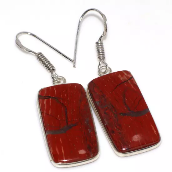 925 Silver Plated Red Jasper Ethnic Earrings Jewelry Size 1.6" JW