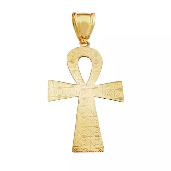 Mens Ankh Cross Pendant 10k Yellow Gold Diamond Cut Egyptian Ankh Cross 2.25 in