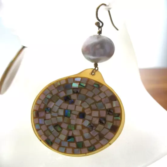 Chan Luu Earrings Pearl Abalone Shell Inlay Mosaic Style Gold NWT $215 Moderrn