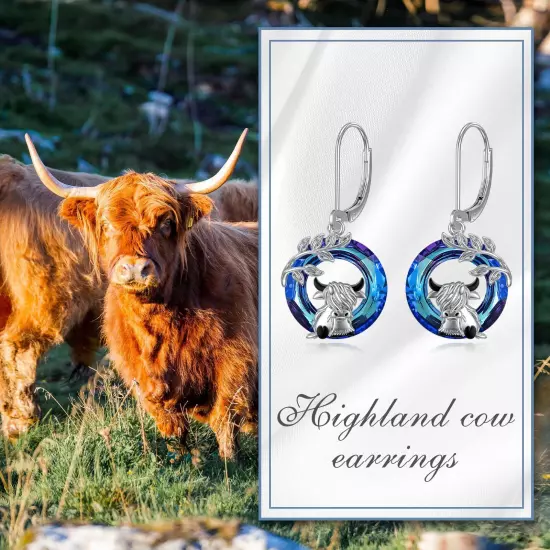 Highland Cow Earrings Sterling Silver Scottish Highland Cow Crystal Dangle Gifts