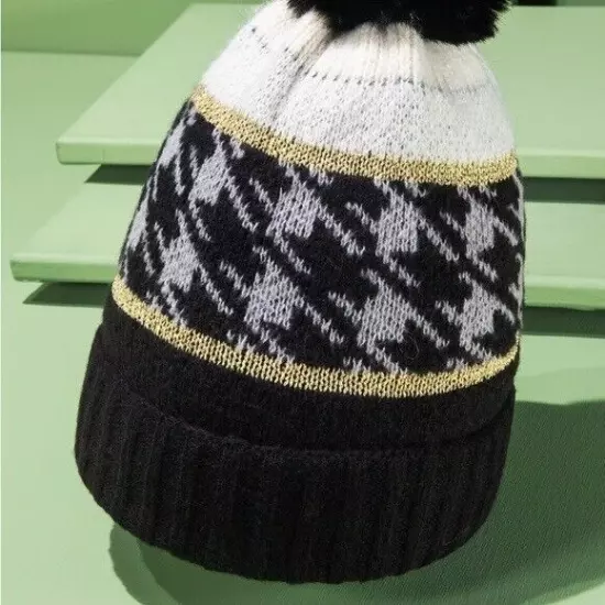 Houndstooth Beanie Hat with Pom Pom Black Gold Ski Outdoors Winter Accessories