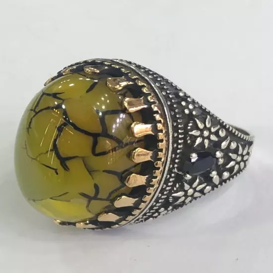 Men Silver Ring 925 Sterling Yemen Aqeeq Agate خاتم عقيق يمني شجري مصور حبة فحل