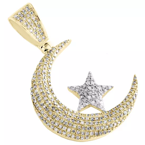 10K Yellow Gold Diamond Islamic Crescent Moon & Star Pendant 1.45" Charm 5/8 CT.