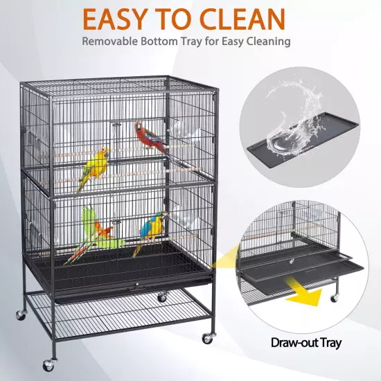 Black Large Rolling Metal Bird Cage Parakeet Cockatiel Cage with Draw-out Tray