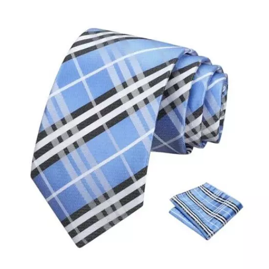  Mens Black Tie Checkered Tie Classic Necktie Medium 209-twill Plaid Light Blue