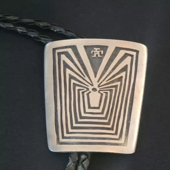 Hopi Overlay Man in the Maze Bolo Tie(Dented Bench Bead Tassels) Sterling Silver