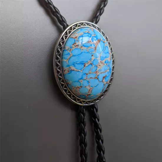 Blue Crazy Agate Bolo Tie Necklace Wedding for Men Women Western Cowboy Necktie