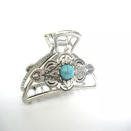 Hair claw clip turquoise blue silver western design metal native tribal