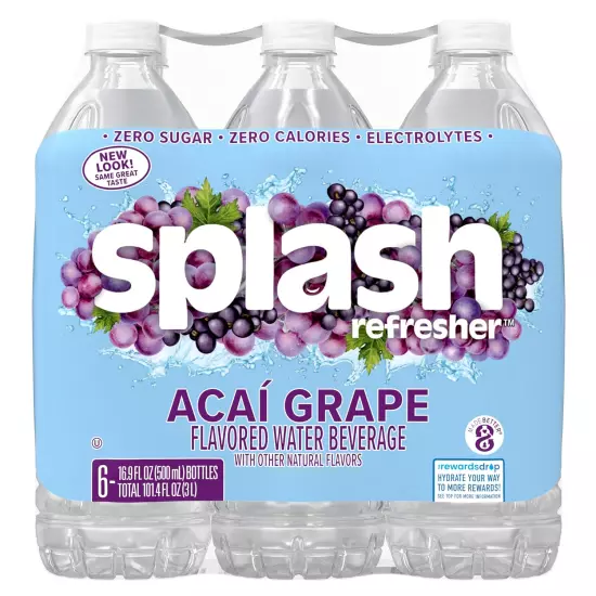 Splash Refresher Acai Grape Flavored Water, 16.9 Fl Oz, Plastic Bottle Pack of 6