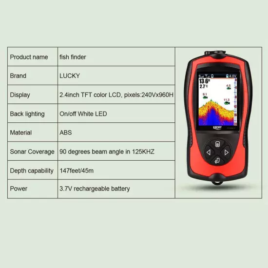 Rechargeable Fish Finder FF1108-1CWLA/CT Sonar Sensor Max 45M Water Depth