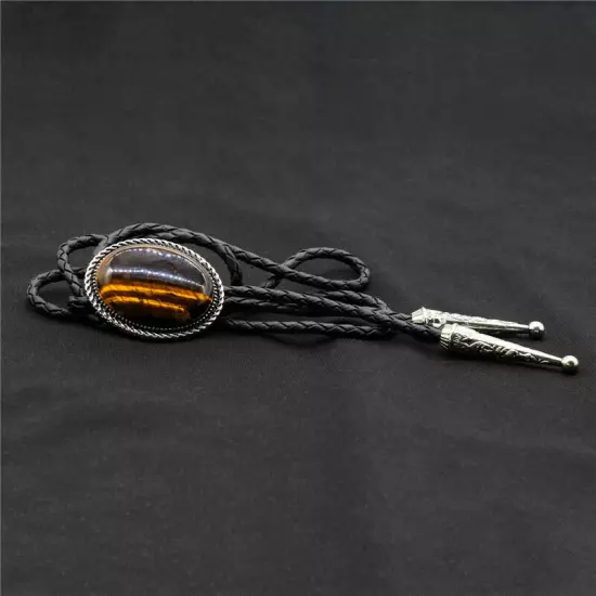 Tiger`s eye Stone Mens Bolo Tie Wedding Necklace PU Leather Rope Western Cowboy