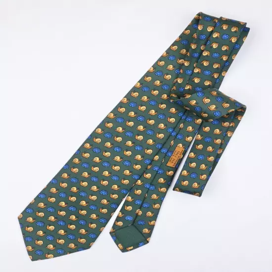 HERMES TIE 7461 HA Snail & Cabbage on Green Silk Necktie