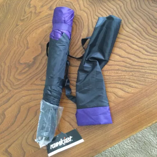 Rainkist 43" Arc Auto Open Foldable Umbrella Black & Purple w/ Carry Sleeve NWT 