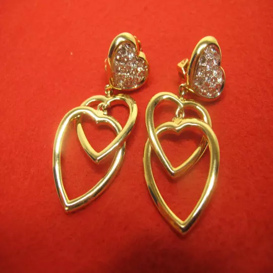 Signed Nolan Miller Gold Tone Rhinestone Triple Heart Drop Dangle Clip Earrings