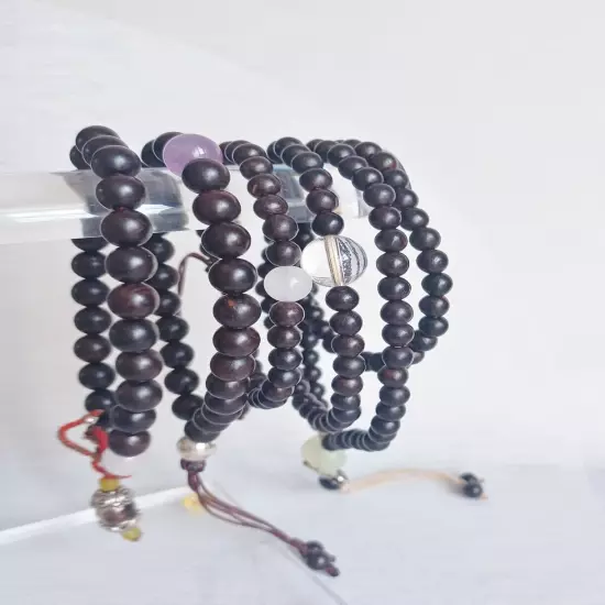 New men's 108 beads black ebony wood with gemstone and sterling silver bracelet