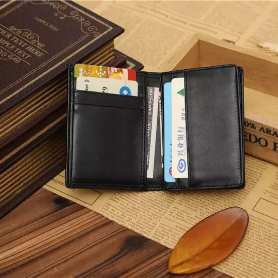 Black Leather Men's Small RFID Slim Bifold Wallet Credit Card ID Holder Wallet