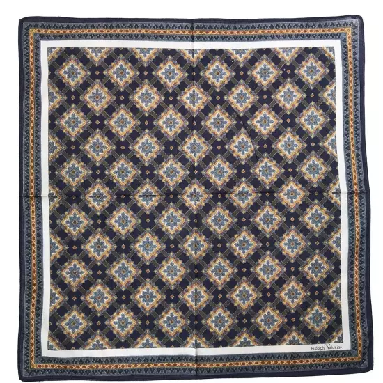 Vintage Mens Handkerchief Blue Cotton Arabic Geometric Pattern Pocket Square 17"