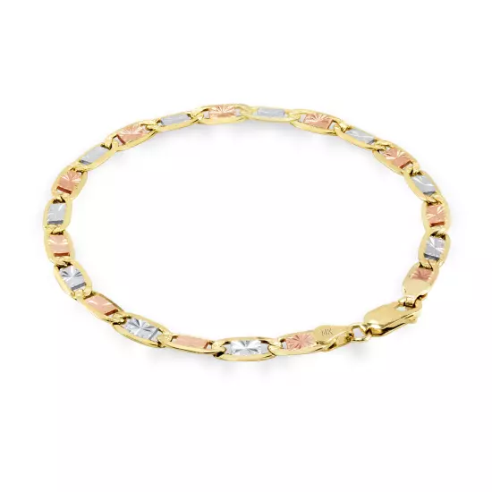 14K Solid Tri Yellow Rose White Gold 6mm Diamond Cut Valentino Chain Bracelet 9"