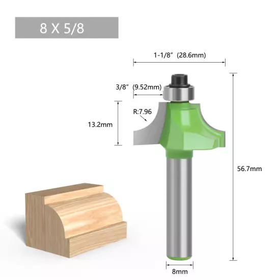 8mm Shank Round Over Edge Profile Router Bit, 2.25-12.7mm Radius 1PC/10PCS GREEN