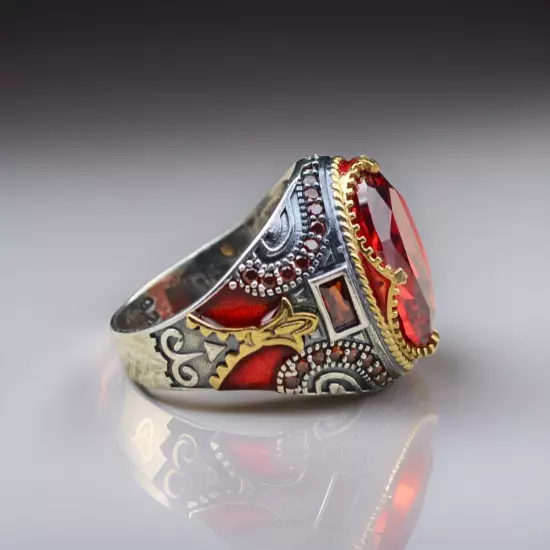 Garnet Red Men's Ring in 925 Sterling Silver Turkish Jewelry All Size