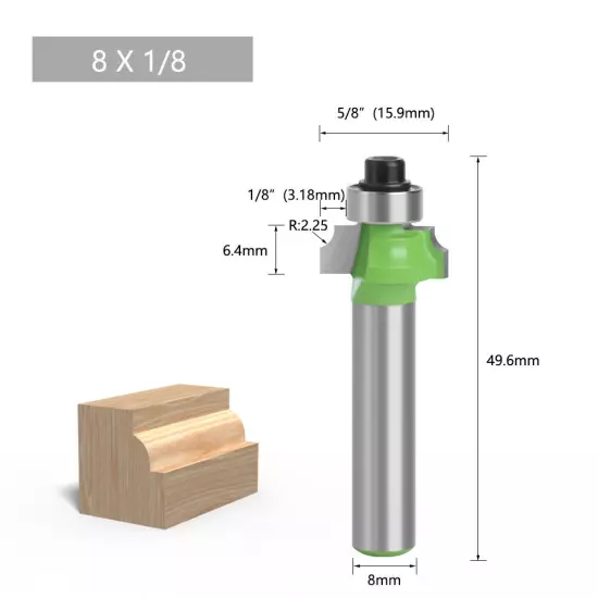 8mm Shank Round Over Edge Profile Router Bit, 2.25-12.7mm Radius 1PC/10PCS GREEN