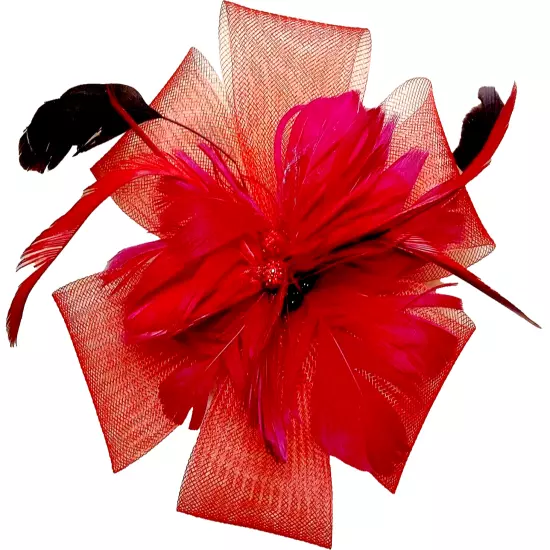 Red Fascinator Headpiece Mesh & Feathers Melbourne Cup / Red Hat Society 20x20cm