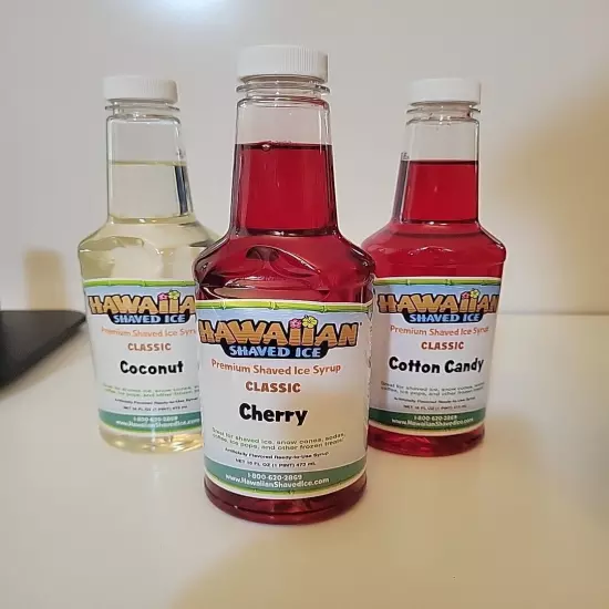 Hawaiian Shaved Ice Syrup Cherry Coconut Cotton Candy 16 Oz. 3 Ct. Bottles