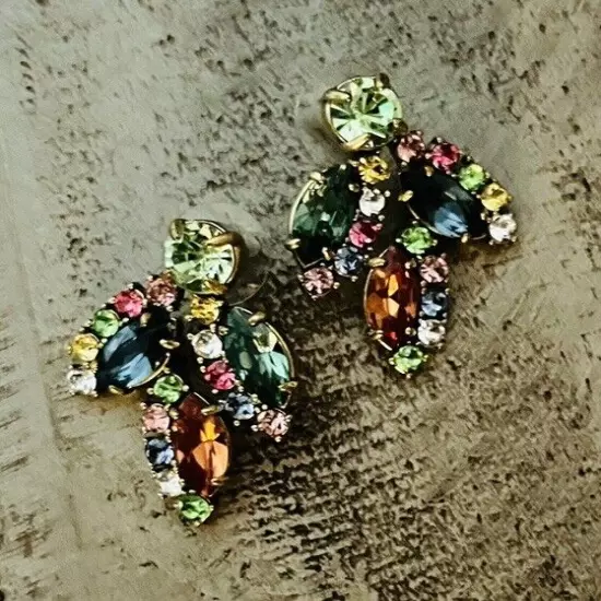 J Crew Crystal Leaf Multicolor Crystal Cluster Stud Statement Earrings