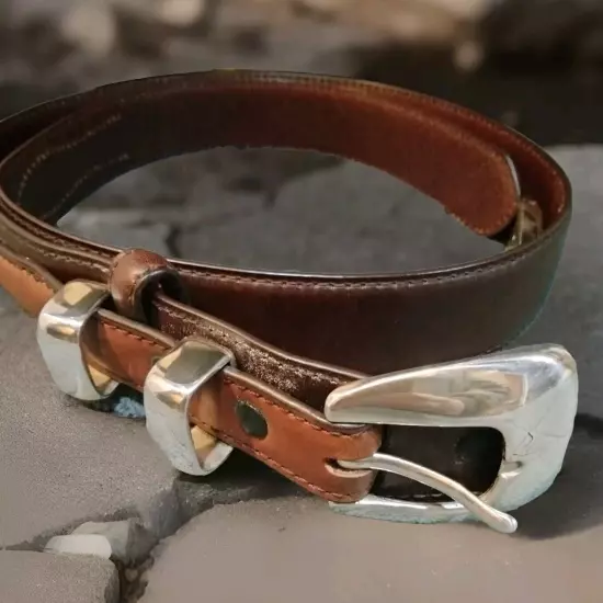 Brown Men's Dress Western Genuine Leather Belt Silver Tone Buckle Sz.36