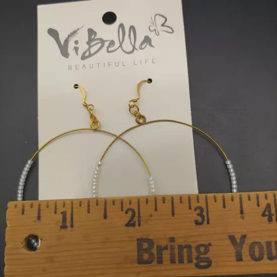 Vi Bella Beaded Hoop Earrings - 2" Large White & Gold Tone - New!