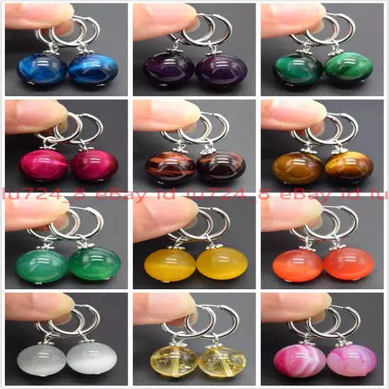 8/10/12mm Natural Multicolor Gemstone Round Beads Silver Leverback Earrings