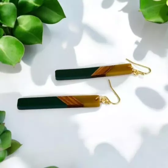 Bohemian Olive Green Resin & Wood Bar Earrings NEW