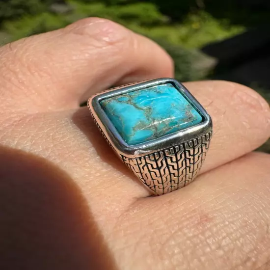 Blue Turquoise Mens Real Solid 925 Silver Navajo Native American Inspired Ring