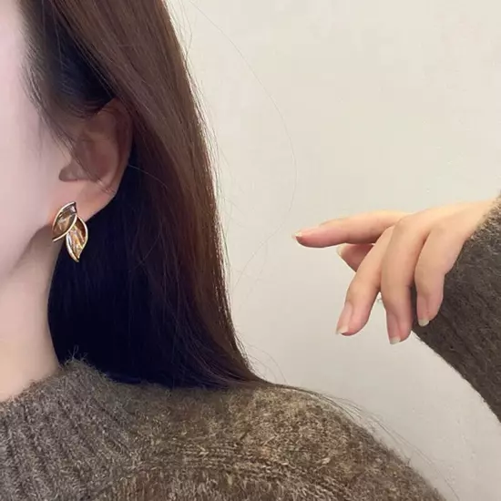 Vintage Enamel Brown Fallen Leaves Stud Earrings For Women Girls Fashion Korean