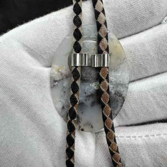 Stunning Vintage Natural Dendritic Agate Western Bolo Tie With Matching Tips