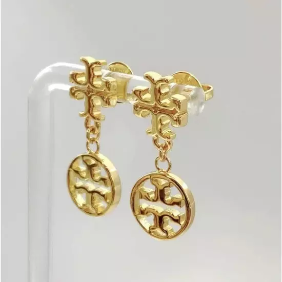 Tory Burch Gold Logo Disc small Drop Earrings