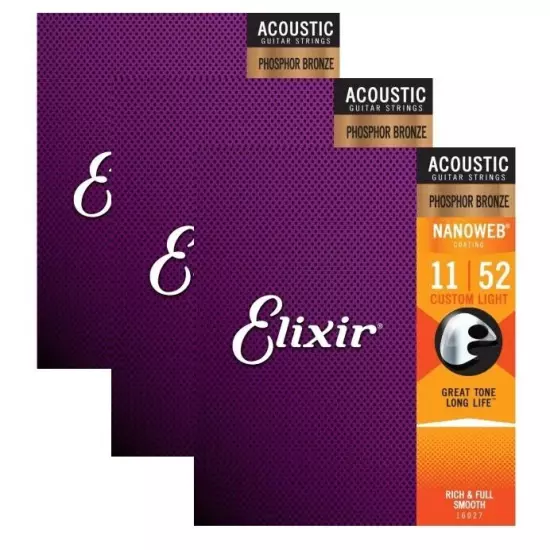 *3 SETS ELIXIR 16027 NANOWEB ACOUSTIC GUITAR STRINGS LIGHT 11-52 PHOSPHOR BRONZE