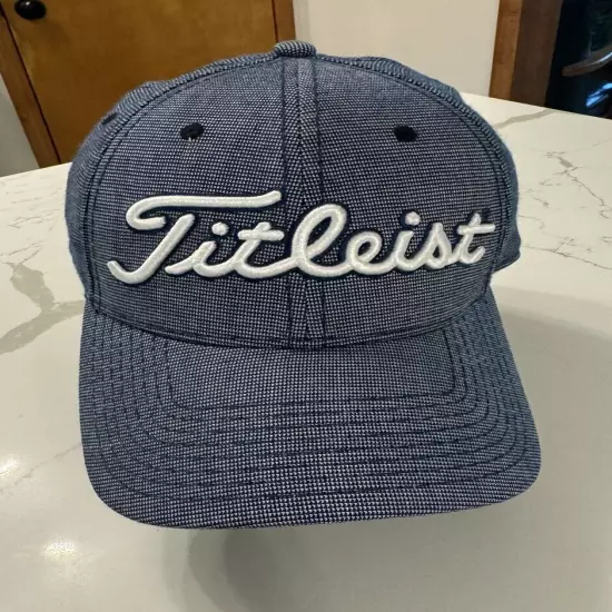 Titleist Hat Fitted Mens Small Medium Blue White Script Plain Logo Golf Cap